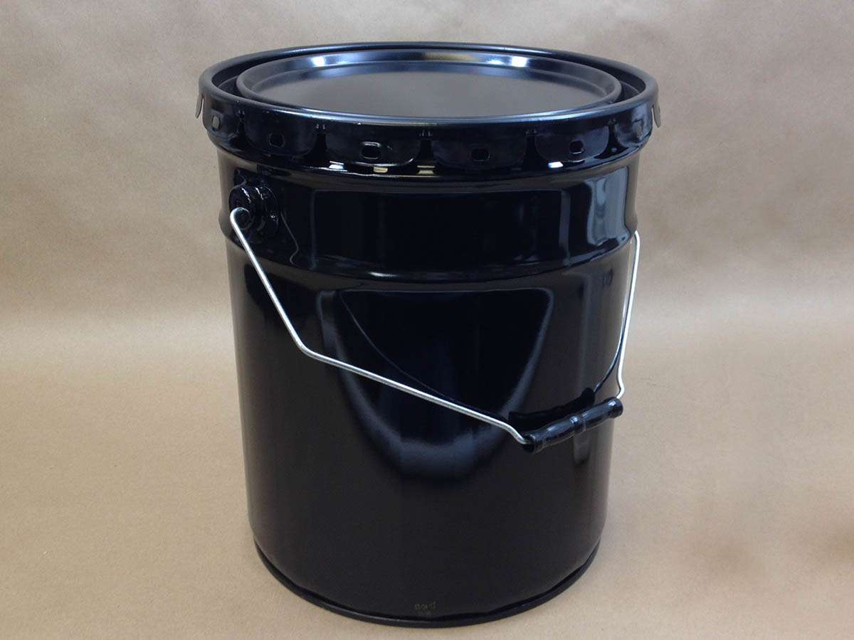 black steel pail with gasketed steel cover and wire bail handle.