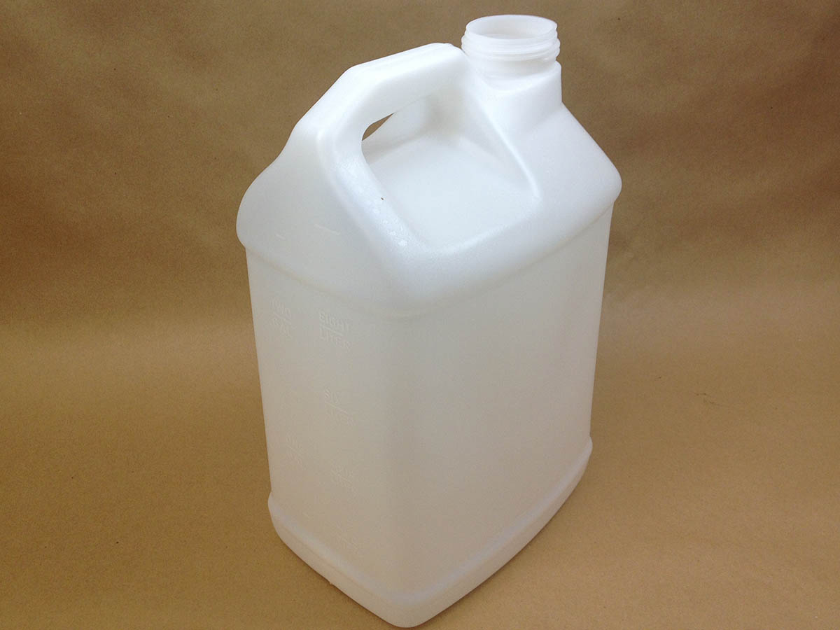2.5 gallon plastic jug without cap showing graduation marks.