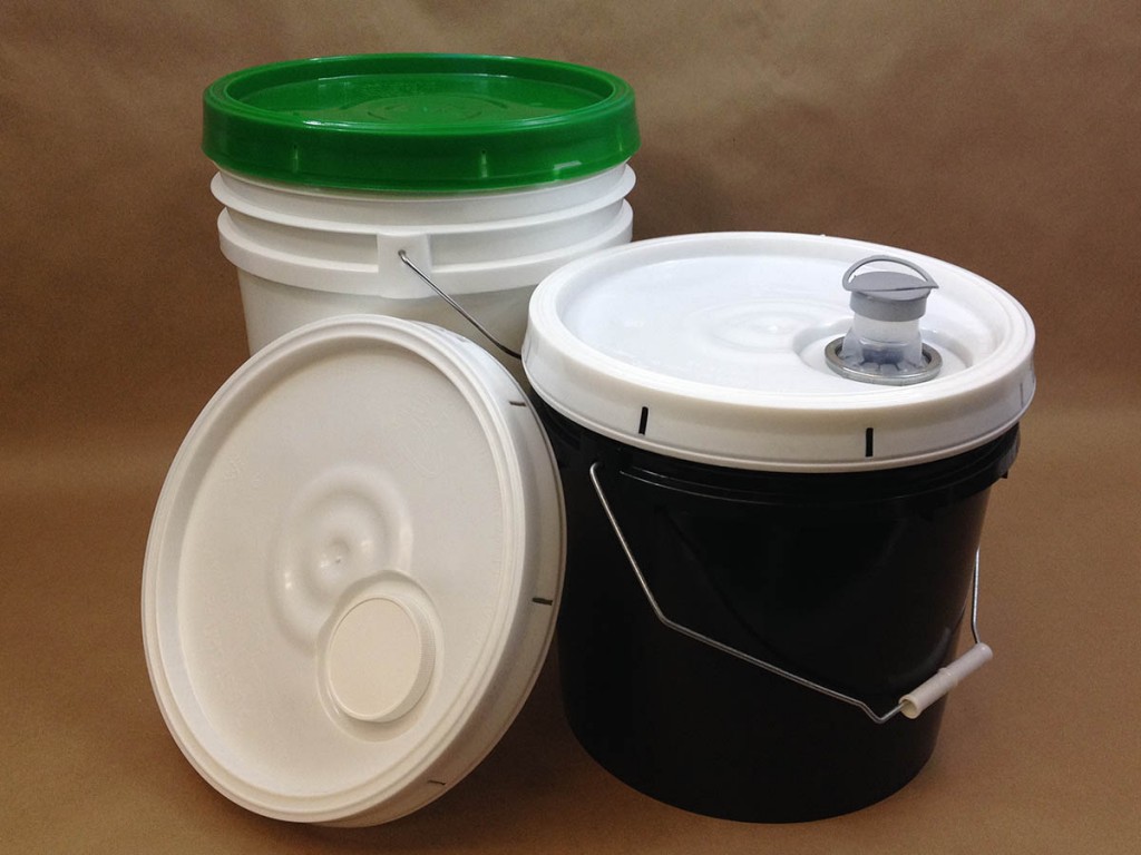 5 gallon buckets, 3.5 gallon buckets, spouted plastic covers, screw cap covers, teartab covers