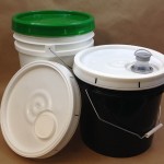 5 gallon buckets, 3.5 gallon buckets, spouted plastic covers, screw cap covers, teartab covers