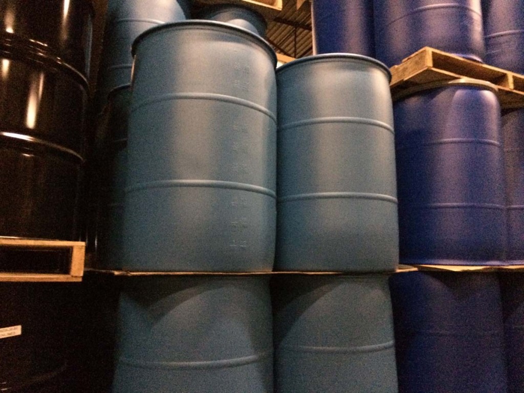 55 Gallon Blue Plastic Drums in Stack Yankee Containers Drums, Pails